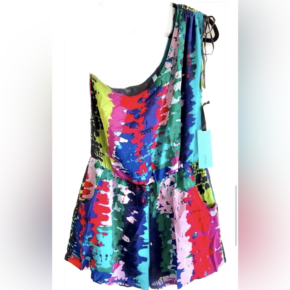 Y2K Jaloux Silk Abstract Printed Multicolored One Shoulder Shorts Romper